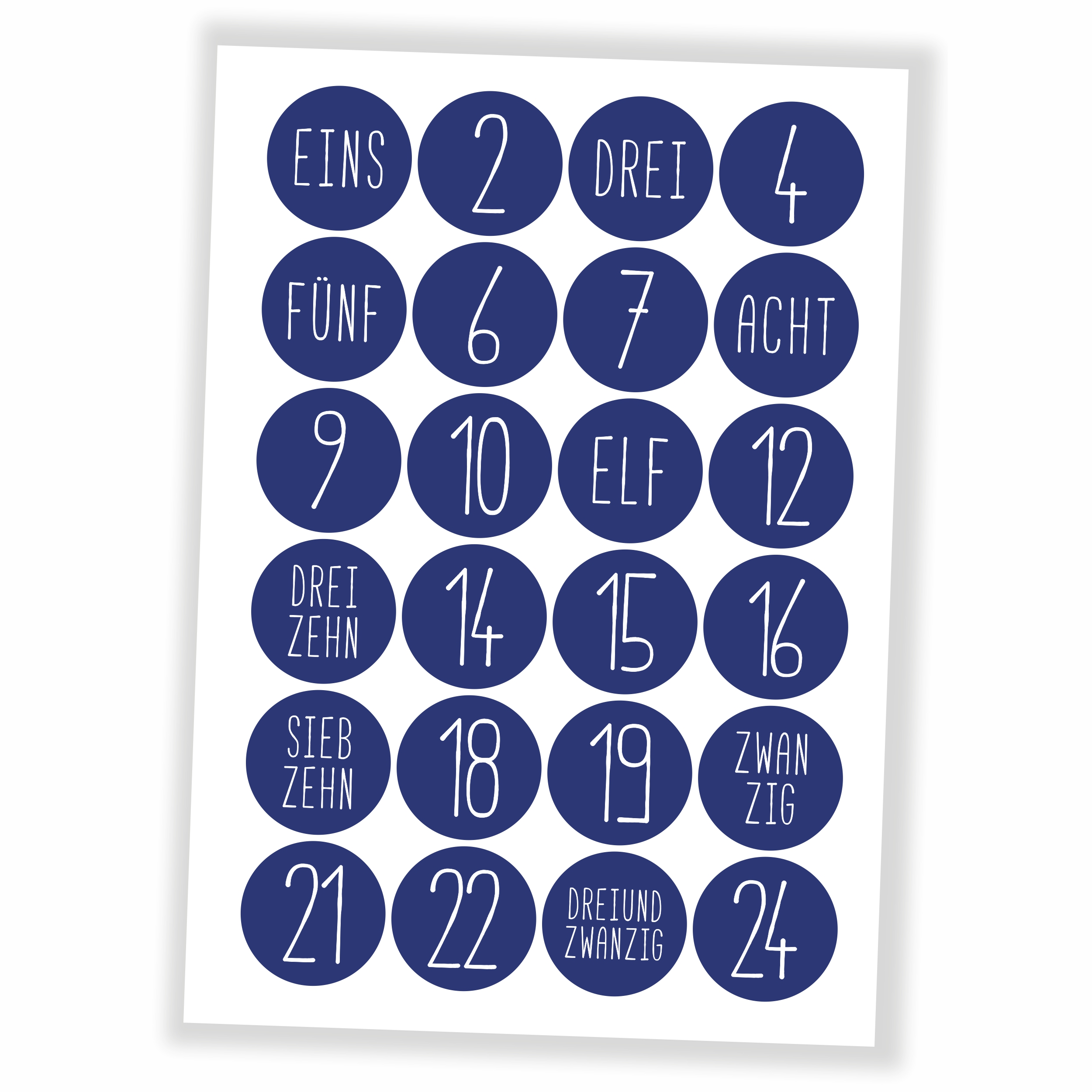 Adventskalender Zahlen Aufkleber - 24 Sticker (ohne Tüten) - blau