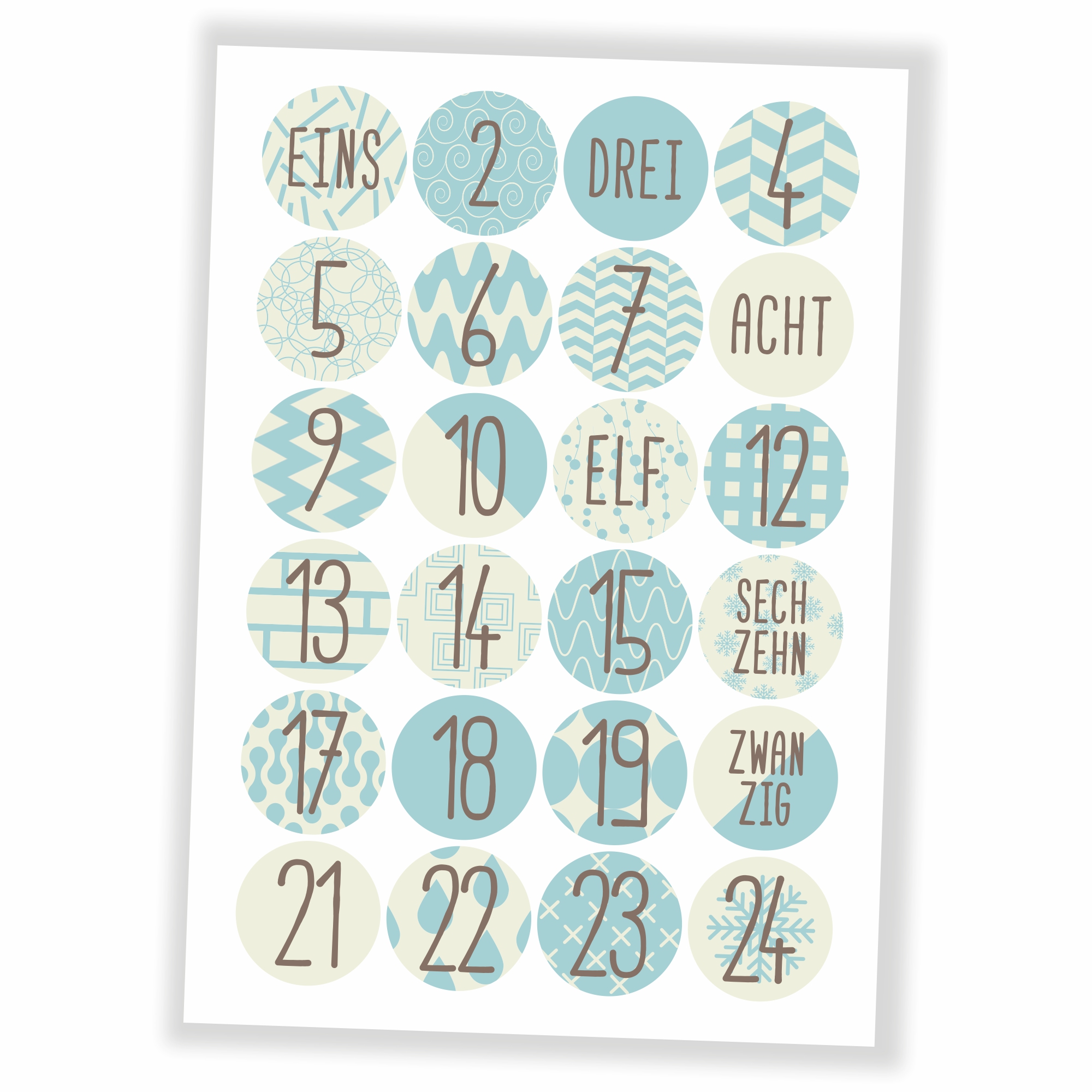 Adventskalender hellblau/braun - Aufkleber & Tüten zum selbst Befüllen nur Sticker