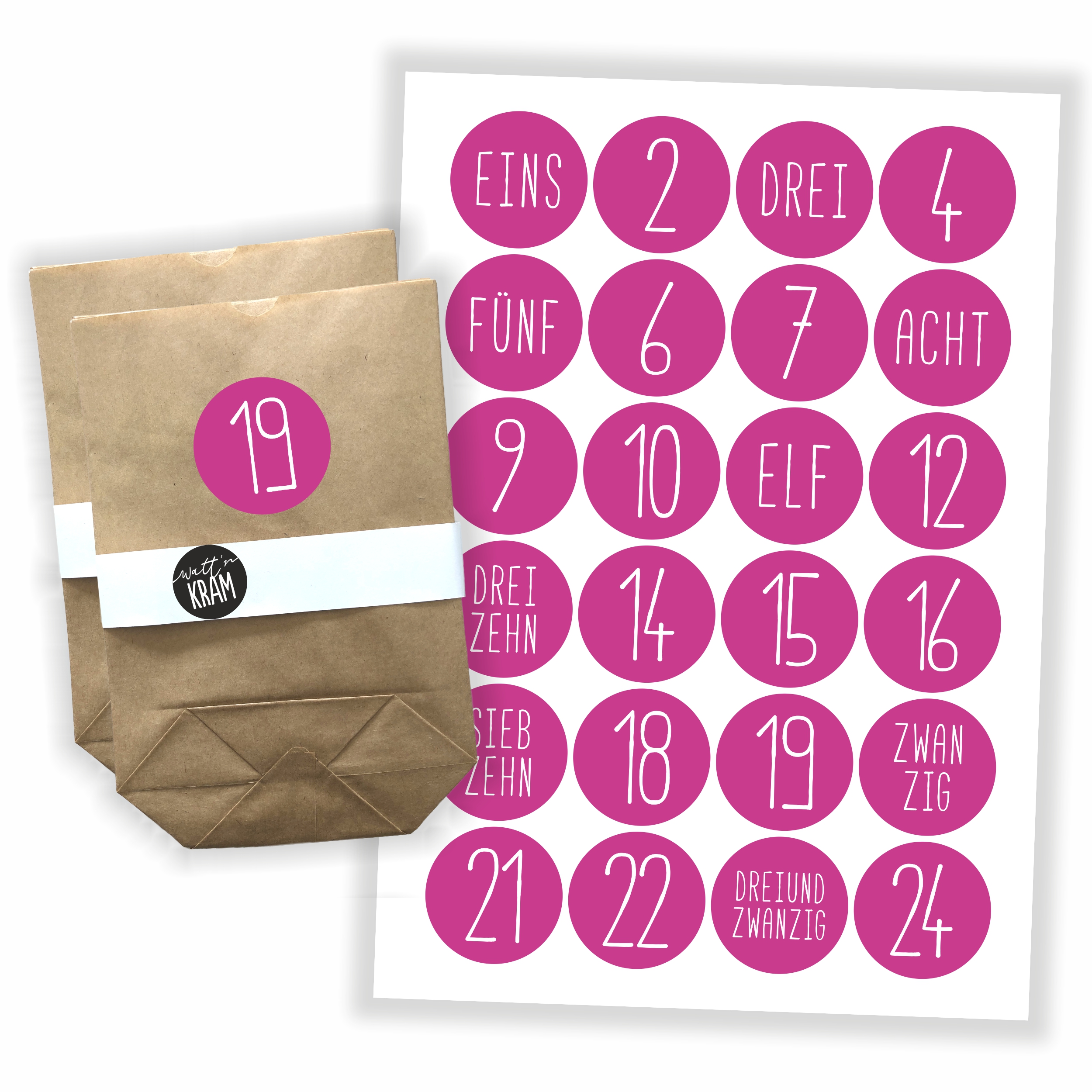 Adventskalender Zahlen Aufkleber - 24 Sticker mit 24 Tüten zum selbst Befüllen - pink