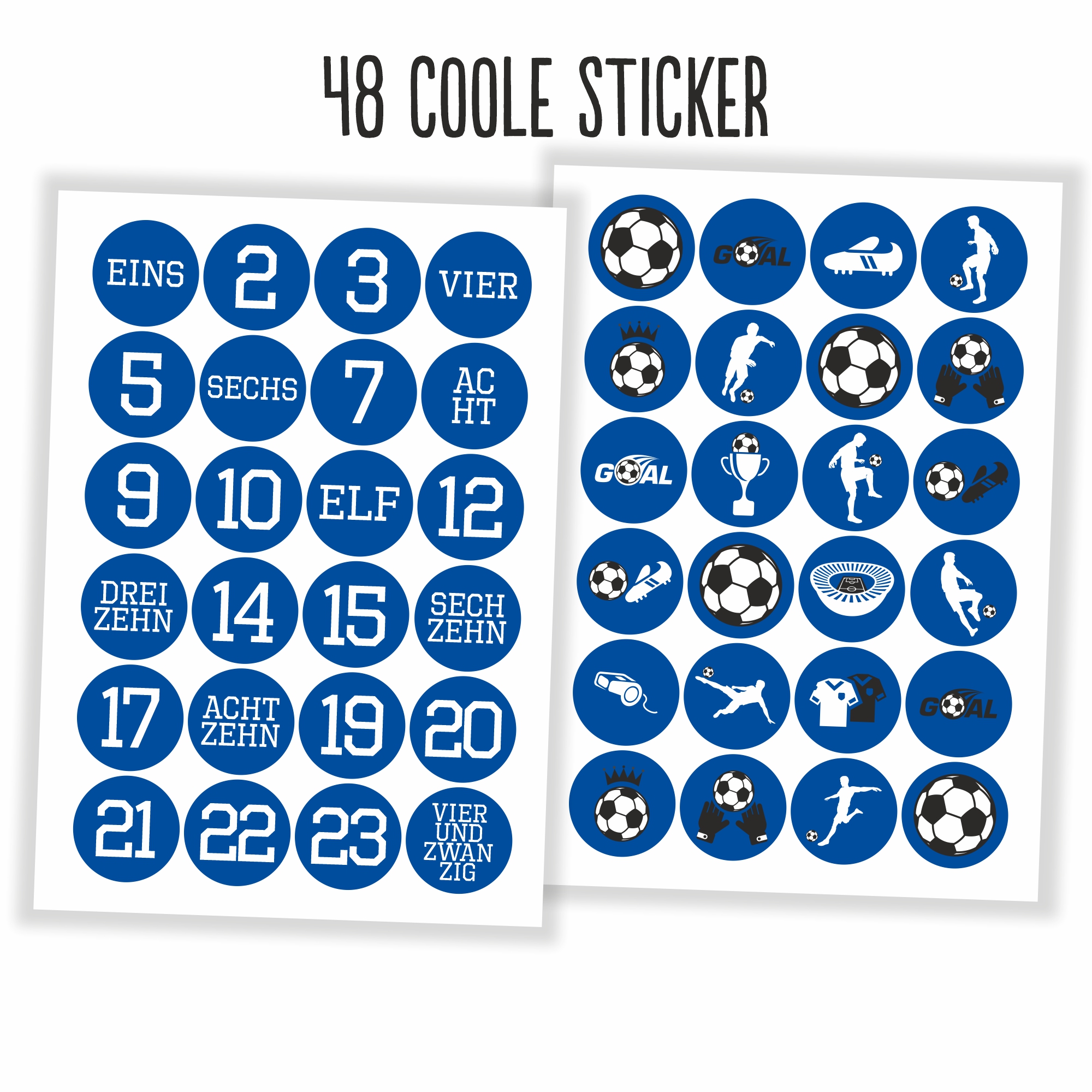 Adventskalender Aufkleber Fußball - 48 Sticker mit 24 Tüten zum selbst Befüllen - blau/weiss