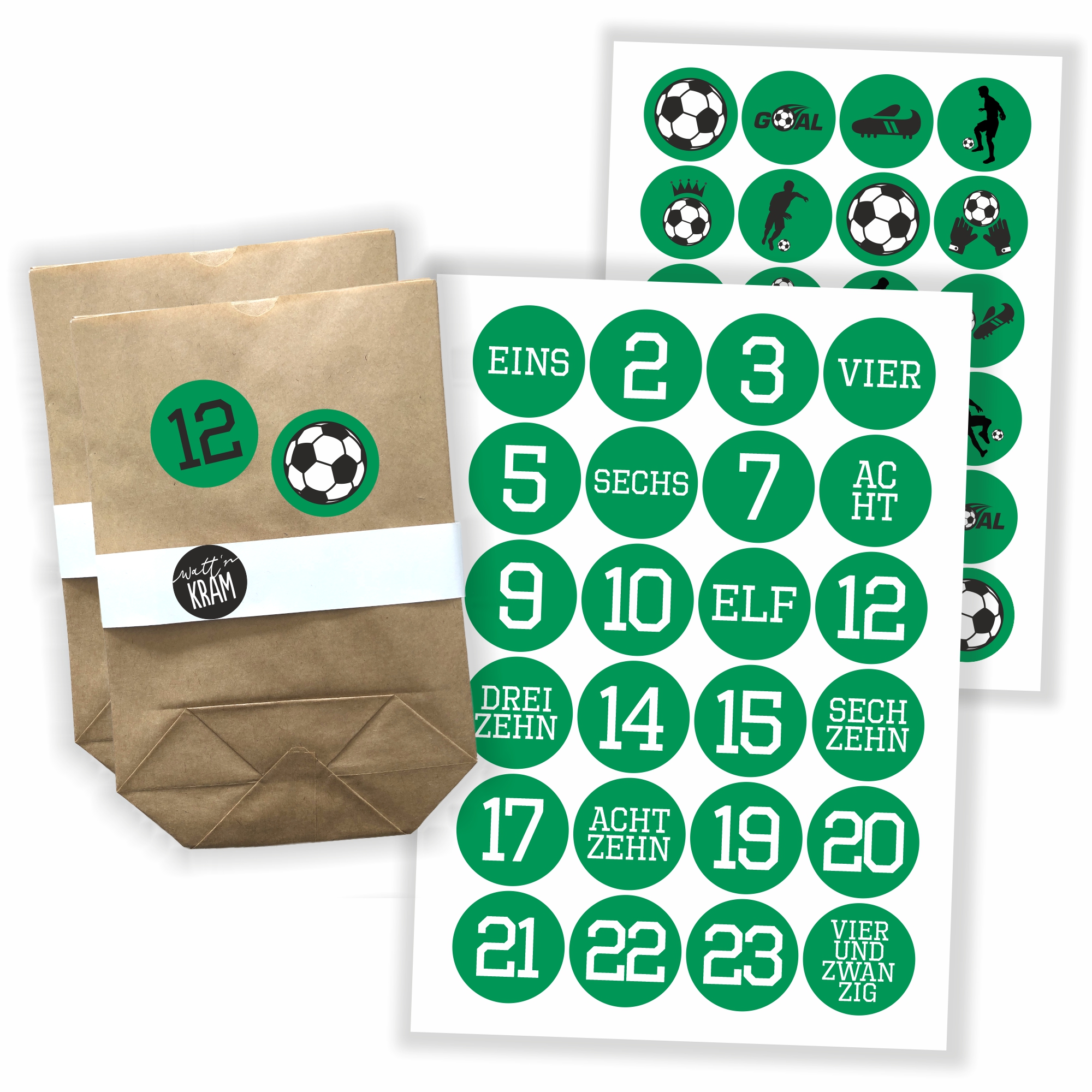 Adventskalender Aufkleber Fußball - 48 Sticker mit 24 Tüten zum selbst Befüllen - grün/weiss