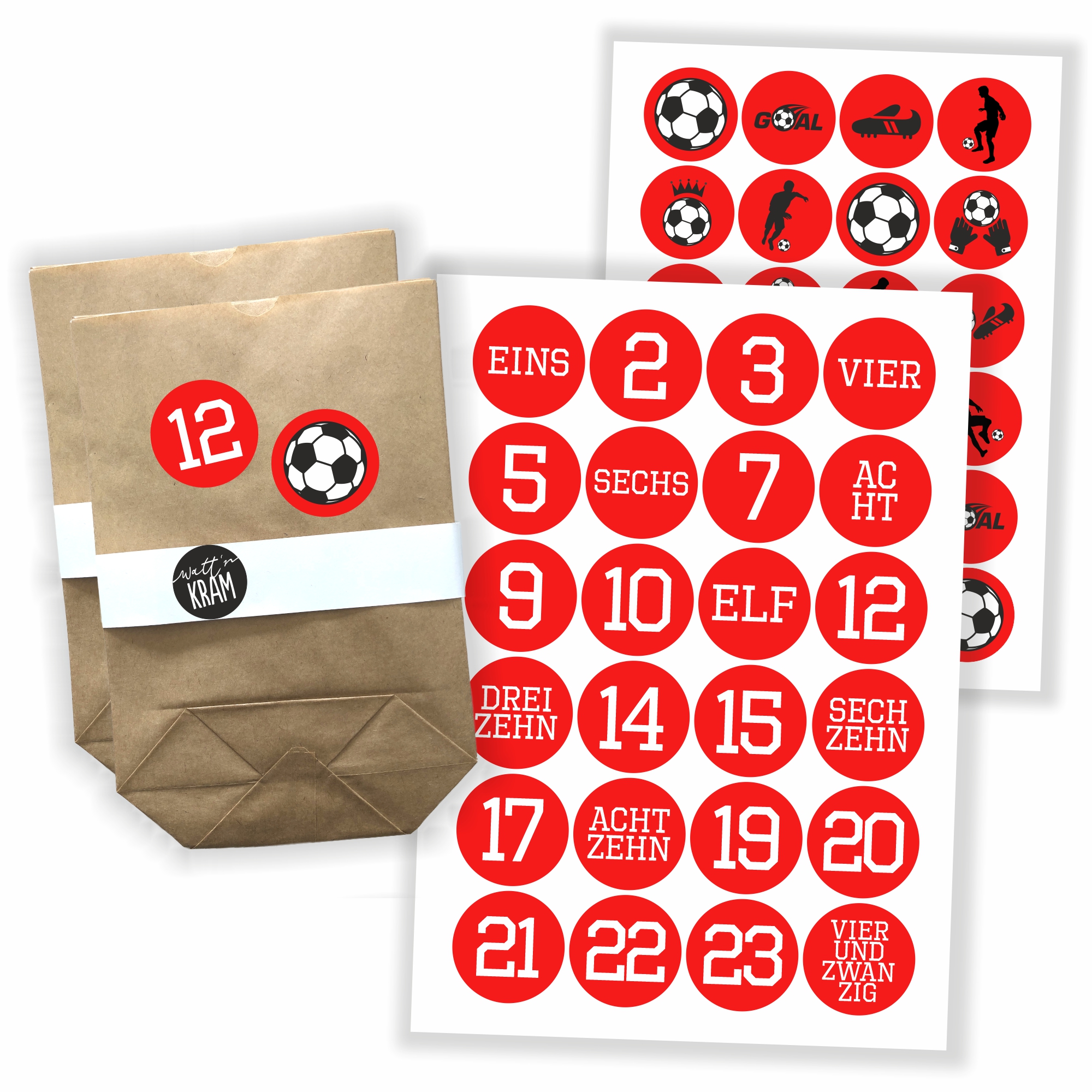 Adventskalender Fußball - Aufkleber & Tüten zum selbst Befüllen
