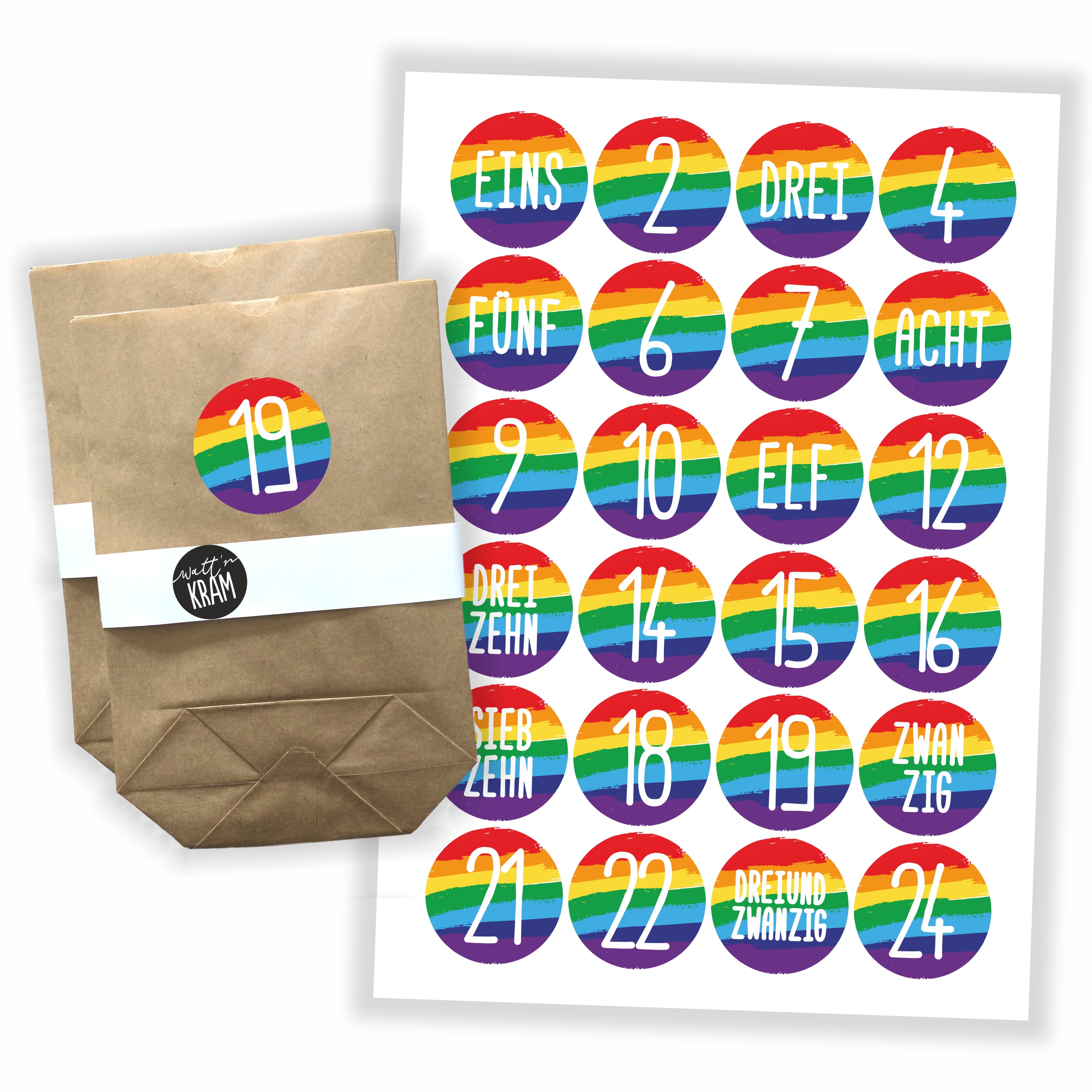 Adventskalender Regenbogen - Aufkleber & Tüten zum selbst Befüllen
