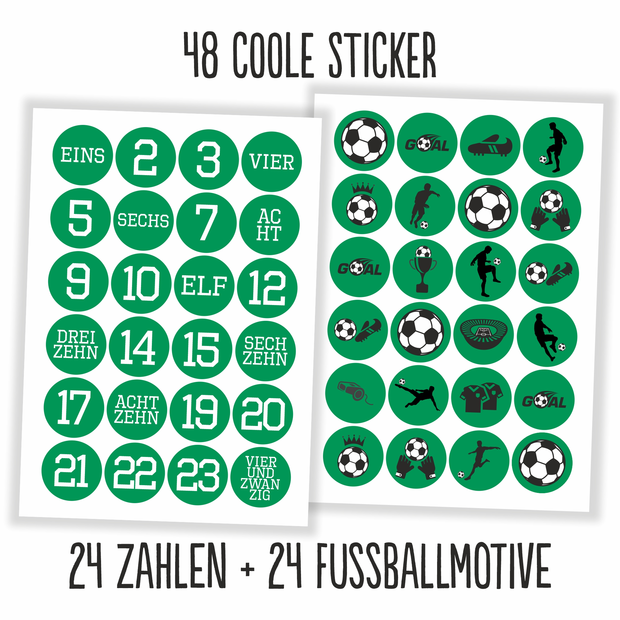 Adventskalender Aufkleber Fußball - 48 Sticker mit 24 Tüten zum selbst Befüllen - grün/weiss