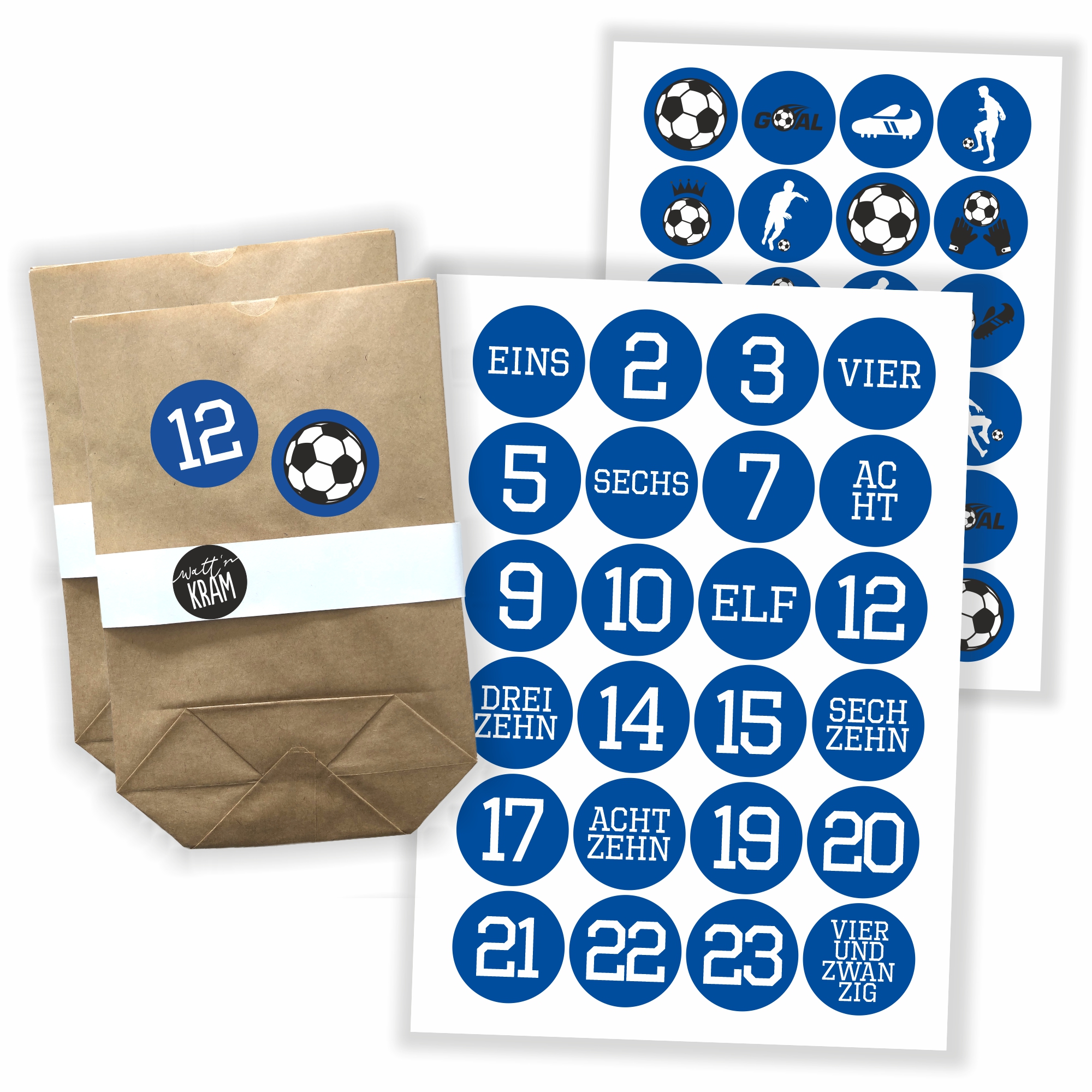 Adventskalender Aufkleber Fußball blau/weiss - 48 Sticker mit 24 Tüten zum selbst Befüllen