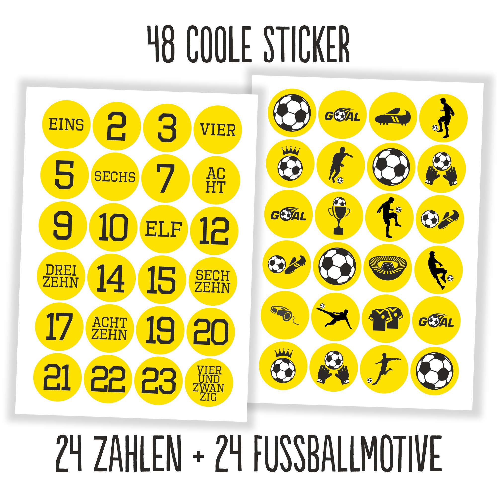 Adventskalender Aufkleber Fußball - 48 Sticker (ohne Tüten) - gelb/schwarz